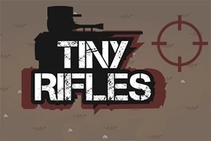 Silueta vojáka s puškou, název Tiny Rifles a zaměřovač na béžovém pozadí