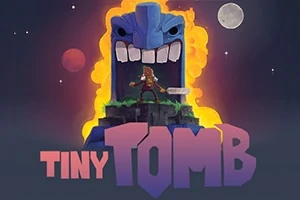 Postava stojí před obří kamennou hlavou s otevřenými ústy a za ní je ohnivý výbuch, s textem Tiny Tomb v popředí