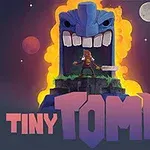 Postava stojí před obří kamennou hlavou s otevřenými ústy a za ní je ohnivý výbuch, s textem Tiny Tomb v popředí