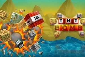 Explozivní scéna s dřevěnými a kovovými bednami, TNT bloky a vodou na pozadí s nápisem TNT Bomb