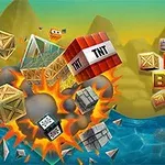 Explozivní scéna s dřevěnými a kovovými bednami, TNT bloky a vodou na pozadí s nápisem TNT Bomb