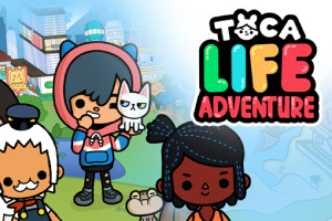 Barevná ilustrace postav a kočky před městskou krajinou s velkým logem Toca Life Adventure vpravo