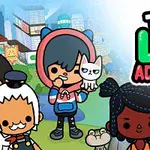 Barevná ilustrace postav a kočky před městskou krajinou s velkým logem Toca Life Adventure vpravo