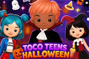 Barevná halloweenská ilustrace tří kreslených teenagerů v kostýmech s dýní, duchem, netopýry a nápisem „Toco Teens Halloween