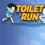 Kreslená postava muže v modrém oblečení spěchající na záchod vedle nápisu TOILET RUN na modrém pozadí