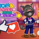 Dva animovaní kočky ve formálním oblečení stojí vedle sebe na barevném pozadí, s ikonami like a srdce v popředí