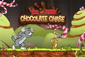 Tom and Jerry: Chocolate Chase Kočka a myš v kreslené krajině s cukrovinkami, nad nimi nápis „CHOCOLATE CHASE“