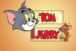 Kreslené postavy kočky a myši vedle červeného textu Tom & Jerry na oranžovém pozadí