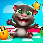 Šedá kreslená kočka a tři barevní ptáci na barevné podložce s třemi zlatými hvězdami na modrém pozadí