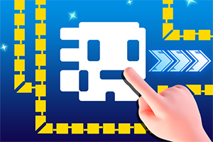 Bílý pixelový duch s modrou šipkou vpravo vedle prstu ukazujícího na obrazovku, obklopený žlutými pixelovými čarami na modrém pozadí