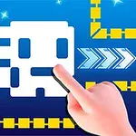 Bílý pixelový duch s modrou šipkou vpravo vedle prstu ukazujícího na obrazovku, obklopený žlutými pixelovými čarami na modrém pozadí