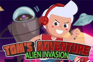 Kreslená postava s bílými vlasy a červenými sluchátky je na obrázku s velkým robotem v pozadí a nápisem TOMS ADVENTURE ALIEN INVASION