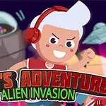Kreslená postava s bílými vlasy a červenými sluchátky je na obrázku s velkým robotem v pozadí a nápisem TOMS ADVENTURE ALIEN INVASION