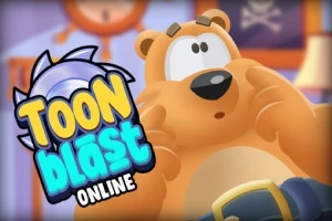 Kreslený medvěd s vyděšeným výrazem a plastickým nápisem Toon Blast Online v levé části obrázku