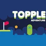 Nadpis „TOPPLE ADVENTURE“ na tmavě modrém pozadí s kreslenou krajinou, mincí, postavičkou a vozidlem