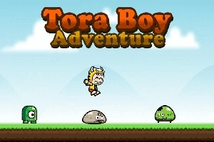 Postavička s čepicí skáčící ve vzduchu mezi třemi barevnými tvory na zeleném povrchu s textem „Tora Boy Adventure“ nahoře