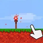 Pixely grafika s hořící pochodní na zemském povrchu a ikonou ruky směřující na trávu
