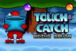 Santa držící modrý pytel před zasněženým stromem s nápisem Touch & Catch Being Santa