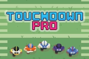 Pixelová grafika s pěti hráči amerického fotbalu v různobarevných dresech na zeleném hřišti s nápisem TOUCHDOWN PRO
