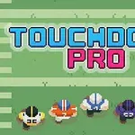 Pixelová grafika s pěti hráči amerického fotbalu v různobarevných dresech na zeleném hřišti s nápisem TOUCHDOWN PRO