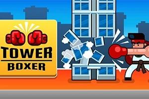 Boxer s červenými rukavicemi rozbíjí modré okno budovy, vedle něj je žlutý panel s nápisem a červenými rukavicemi
