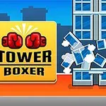 Boxer s červenými rukavicemi rozbíjí modré okno budovy, vedle něj je žlutý panel s nápisem a červenými rukavicemi