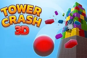 Barevná věž se rozpadá po úderu červené koule, kolem jsou létající barevné kostky a výrazný nápis Tower Crash 3D