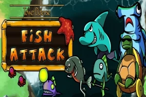 Barevná ilustrace s názvem Fish Attack a kreslenými postavičkami mořských tvorů, včetně žraloka, želvy a dalších ryb s výraznými výrazy