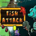 Barevná ilustrace s názvem Fish Attack a kreslenými postavičkami mořských tvorů, včetně žraloka, želvy a dalších ryb s výraznými výrazy