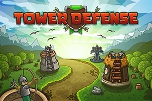 Barevná ilustrace s bojovníky na strážních věžích podél cesty v lese s nápisem Tower Defense