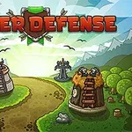 Barevná ilustrace s bojovníky na strážních věžích podél cesty v lese s nápisem Tower Defense