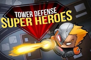 Kreslená postava s robotickým vzhledem střílí energetický paprsek pod nápisem Tower Defense Super Heroes