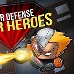 Kreslená postava s robotickým vzhledem střílí energetický paprsek pod nápisem Tower Defense Super Heroes
