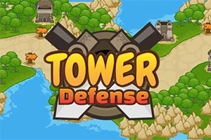 Název Tower Defense v popředí s grafikou kanónů na barevné mapě s hrady a řekami
