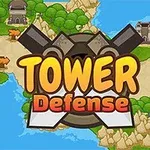 Název Tower Defense v popředí s grafikou kanónů na barevné mapě s hrady a řekami