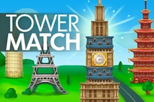 Barevný obrázek zobrazující animované věže jako Eiffelovka, Big Ben a pagoda na zeleném pozadí s modrou oblohou a textem Tower Match