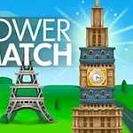 Barevný obrázek zobrazující animované věže jako Eiffelovka, Big Ben a pagoda na zeleném pozadí s modrou oblohou a textem Tower Match