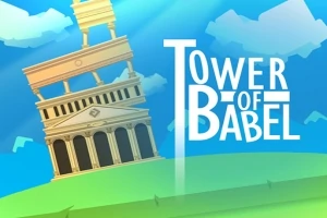 Nakloněná věž s nápisem Tower of Babel na světlém modrém pozadí s oblaky