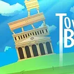 Nakloněná věž s nápisem Tower of Babel na světlém modrém pozadí s oblaky