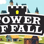 Černá silueta hradu s žlutou bránou a nápisem Tower of Fall na pozadí středověké vesnice s barevnými domy a věžemi