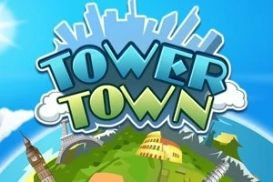 Stylizovaný nápis Tower Town na pozadí modré oblohy s mraky, budovami a ikonickými památkami
