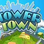 Stylizovaný nápis Tower Town na pozadí modré oblohy s mraky, budovami a ikonickými památkami