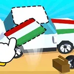 Puzzle skládání bílo-zeleno-červeného auta s kreslenou rukou ukazující na chybějící díly