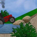 Červený traktor přejíždí přes kameny v řece s větrným mlýnem a kopci v pozadí