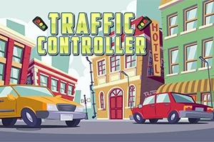 Barevná ilustrace městské ulice s dvěma auty, budovami a nápisem Traffic Controller nahoře