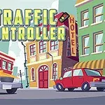 Barevná ilustrace městské ulice s dvěma auty, budovami a nápisem Traffic Controller nahoře