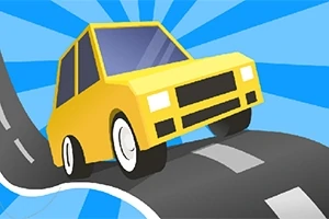 Žluté kreslené auto na klikaté silnici s modrým paprskovitým pozadím