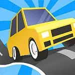 Žluté kreslené auto na klikaté silnici s modrým paprskovitým pozadím