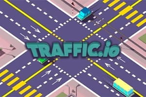 Křižovatka se čtyřmi pruhy a auty s nápisem Traffic