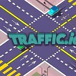 Křižovatka se čtyřmi pruhy a auty s nápisem Traffic